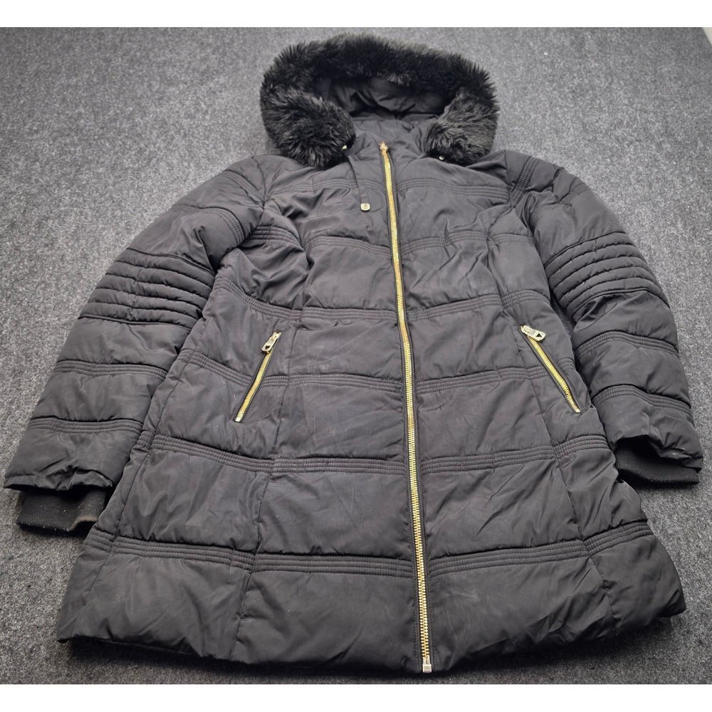Guess Puffer Coat Women L Black Faux Fur Trim Hood Gold Zip Quilted Jacket